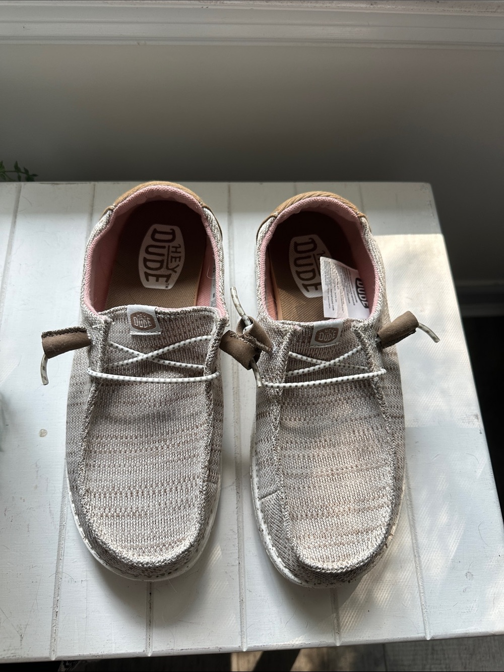 Hey Dude Slip-On Sneakers in Beige with Pink Lining